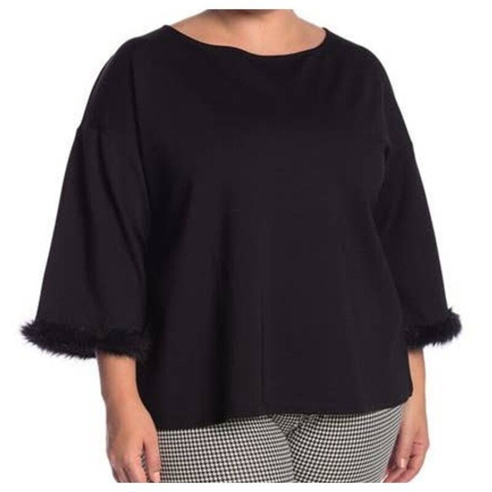 Philosophy‎ Blouse Womens Medium Black Faux Fur Trim Sleeve Career Work Office